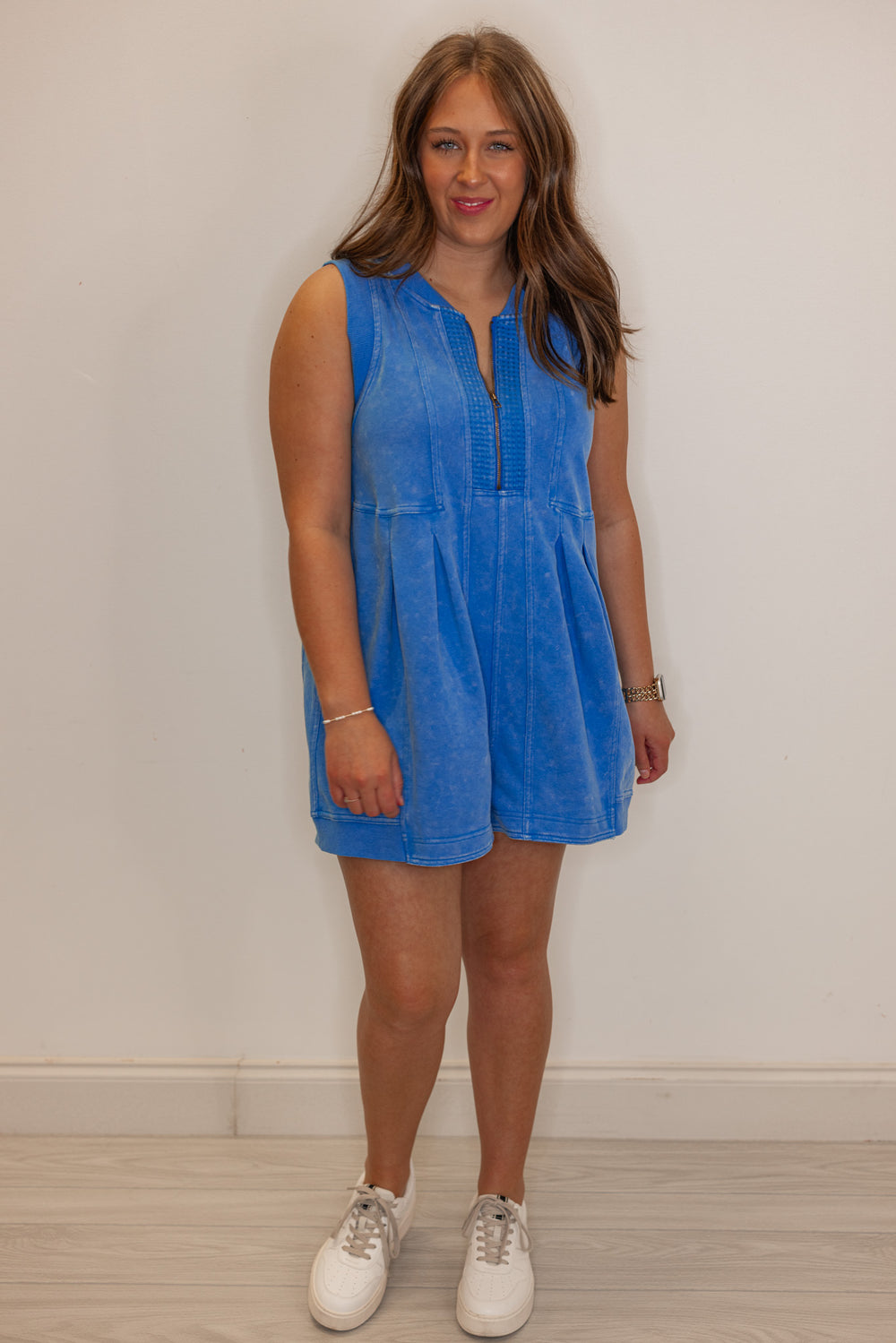Women's blue french terry knit wide leg zip romper by Veveret showing front view
