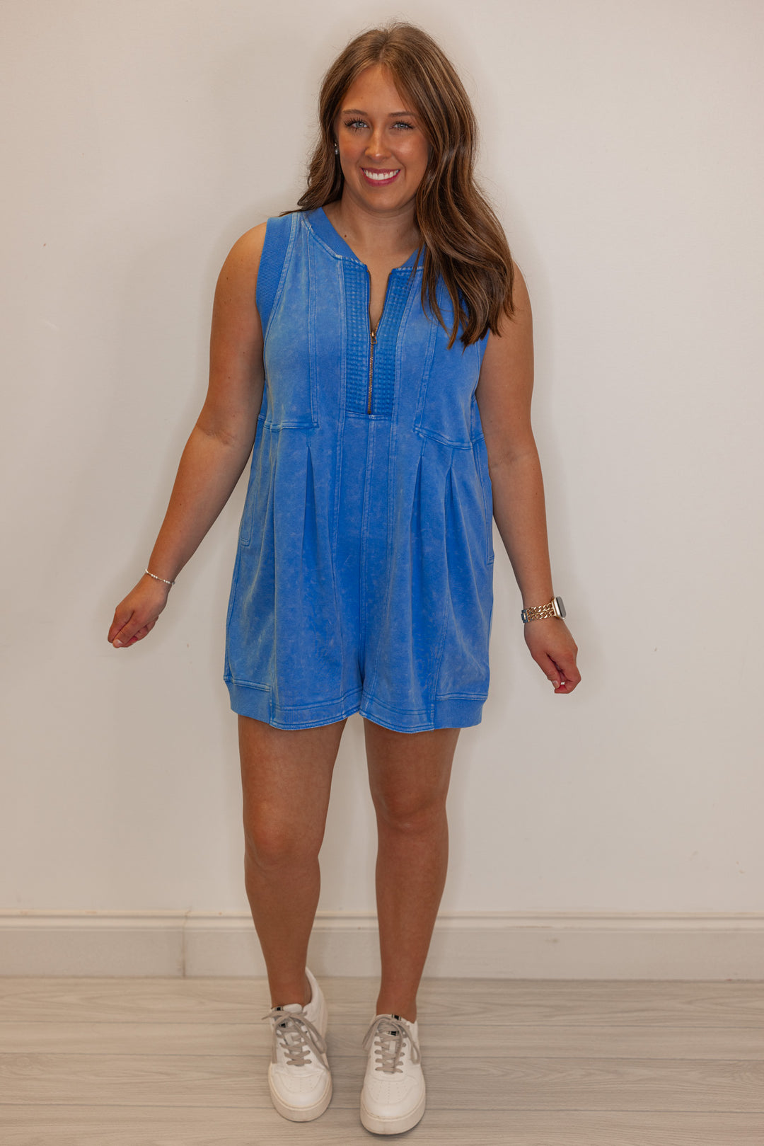 Women's blue french terry knit wide leg zip romper by Veveret showing full front view
