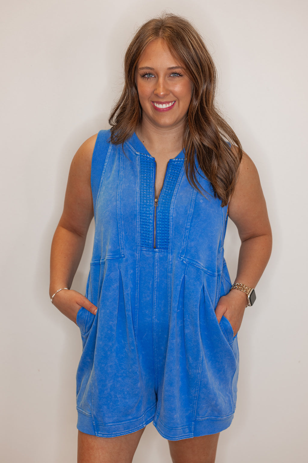 Women's blue french terry knit wide leg zip romper by Veveret