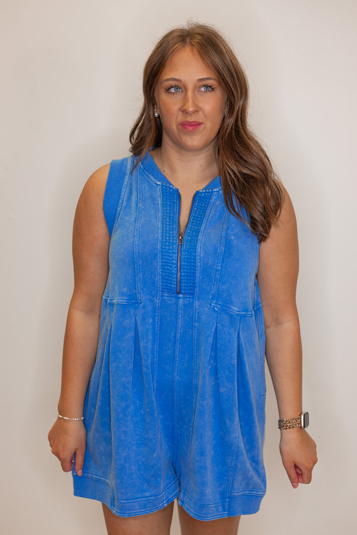 Women's blue french terry knit wide leg zip romper by Veveret showing up close front view