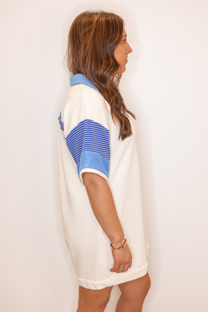 ivory blue trim oversized casual romper