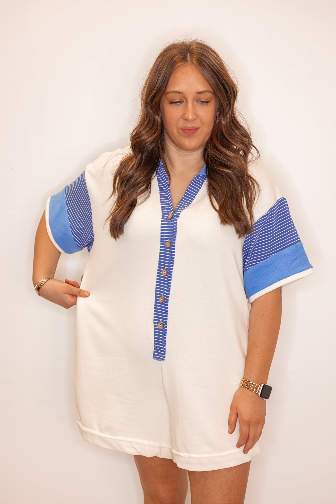 ivory blue trim oversized casual romper