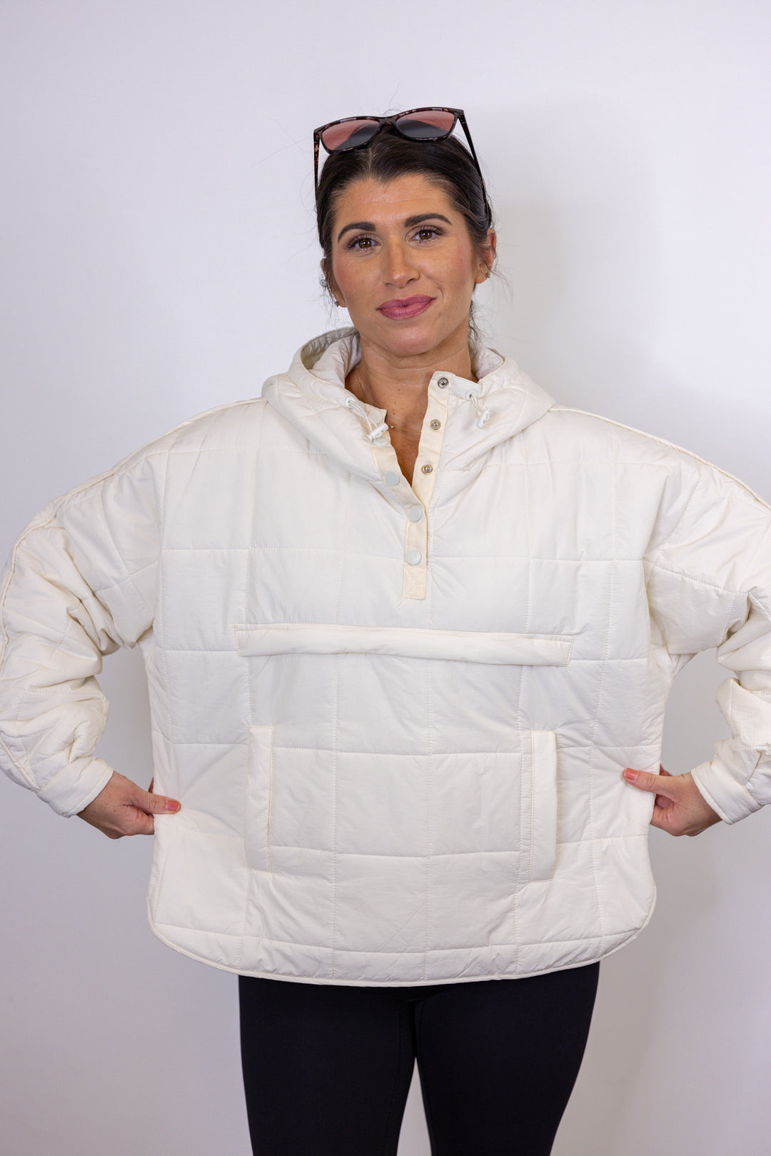 cream hooded quilted pullover