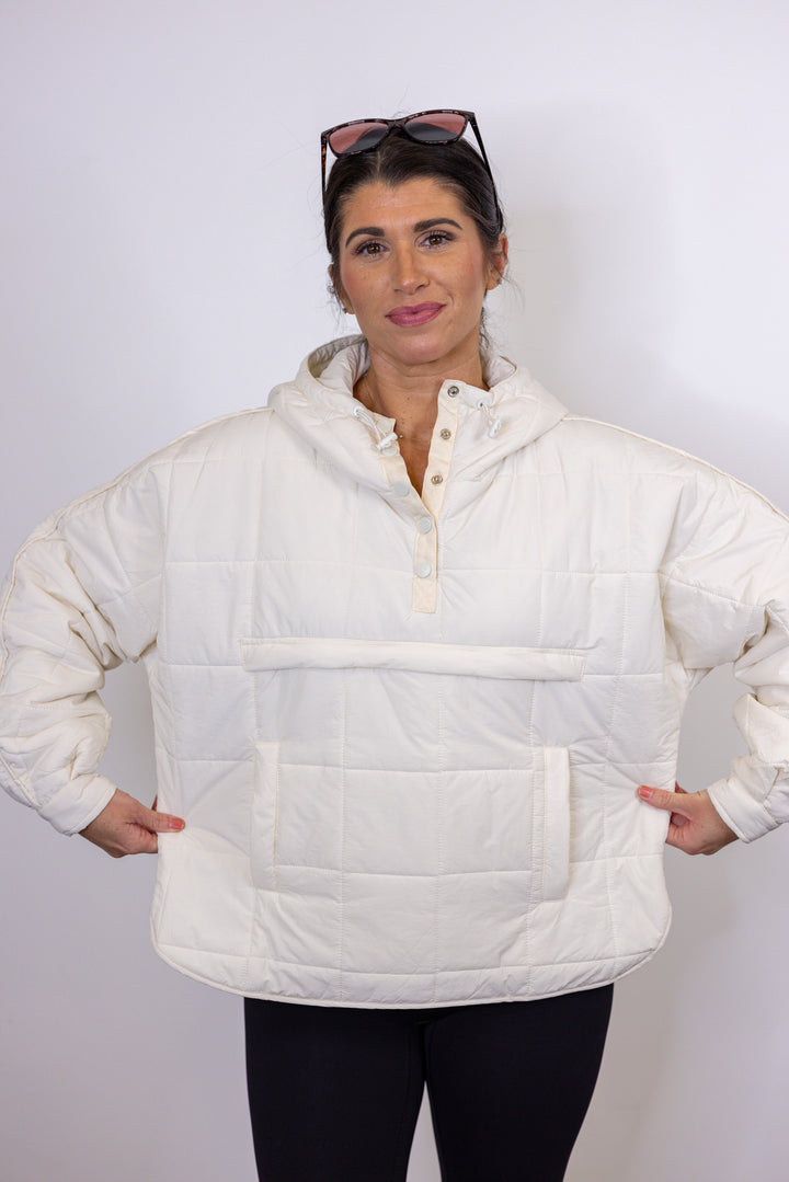 cream hooded quilted pullover