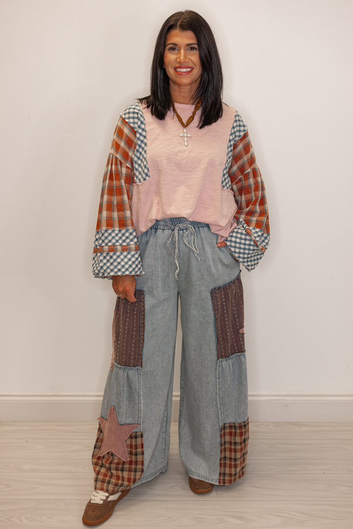 pink plaid color block long sleeve casual top