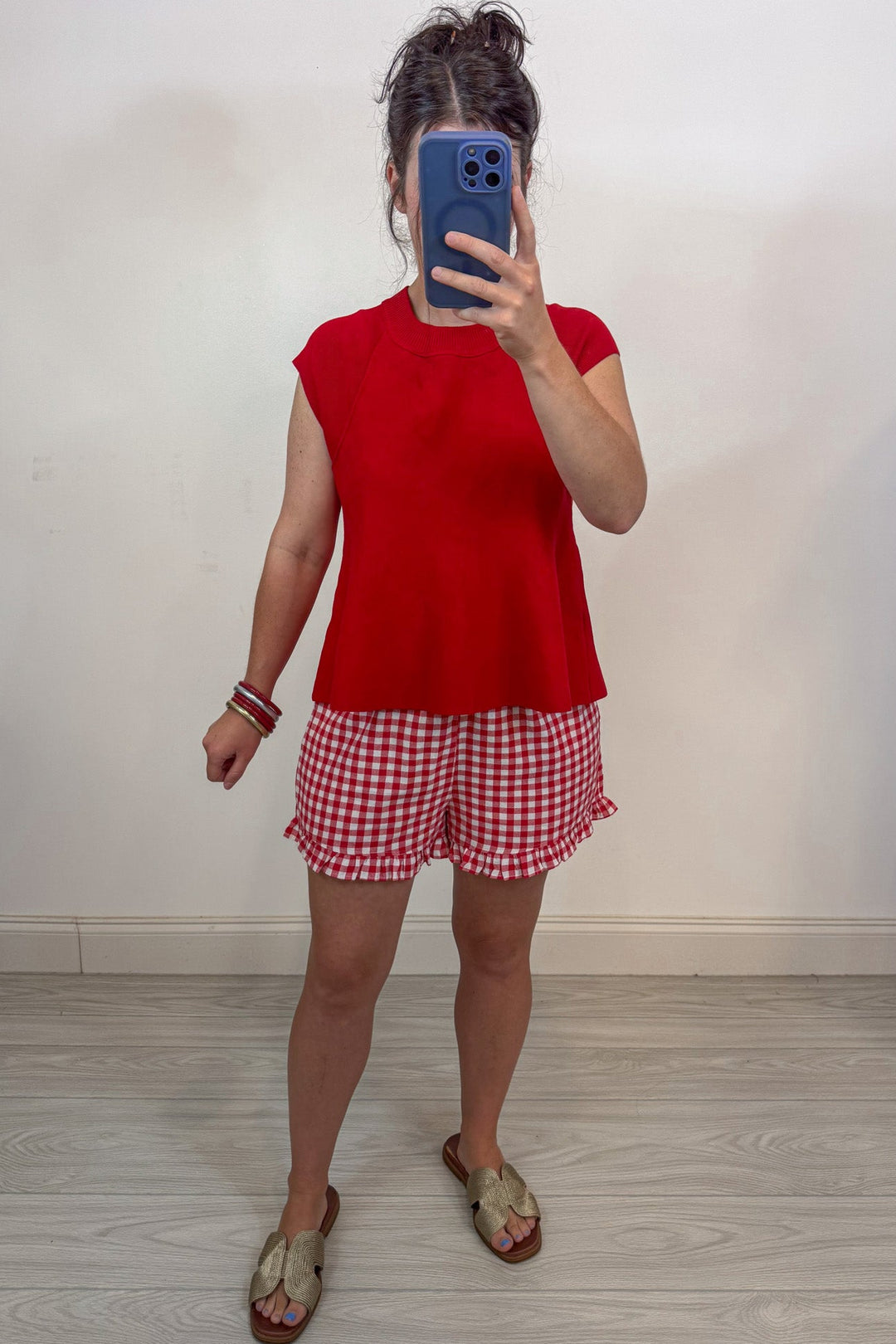red gingham shorts with ruffle trim