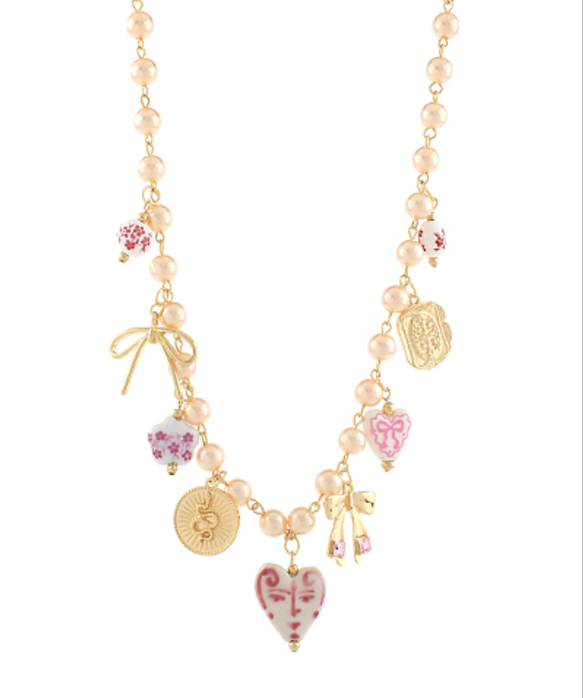 girly pink pearl charm necklace
