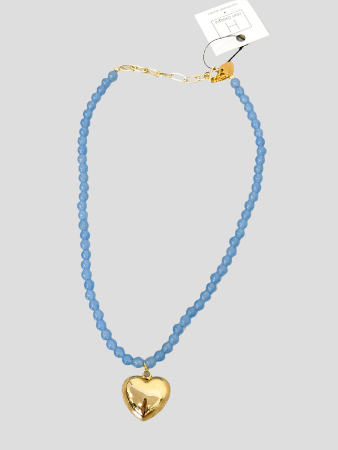 blue glass beaded heart charm necklace