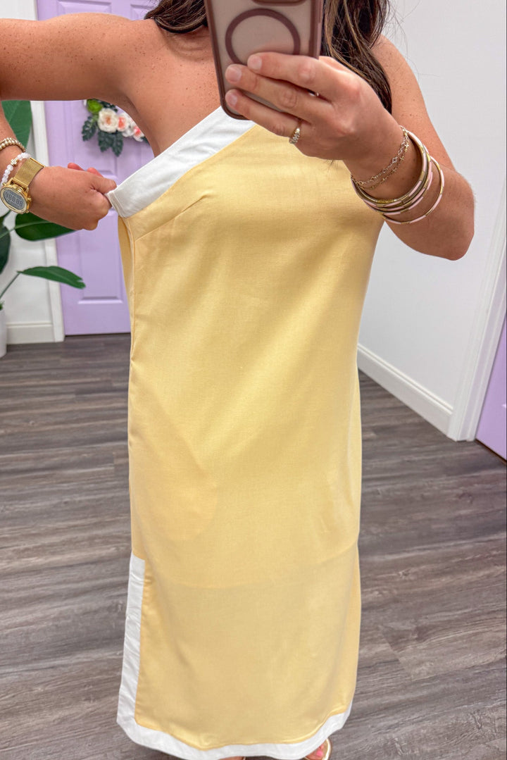 golden yellow with cream trim bottom hem side slits halter midi dress