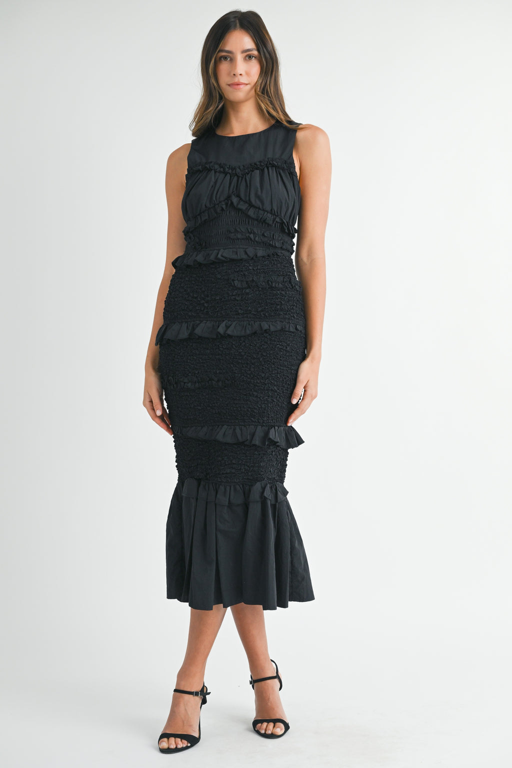 smocked black ruffled midi dress