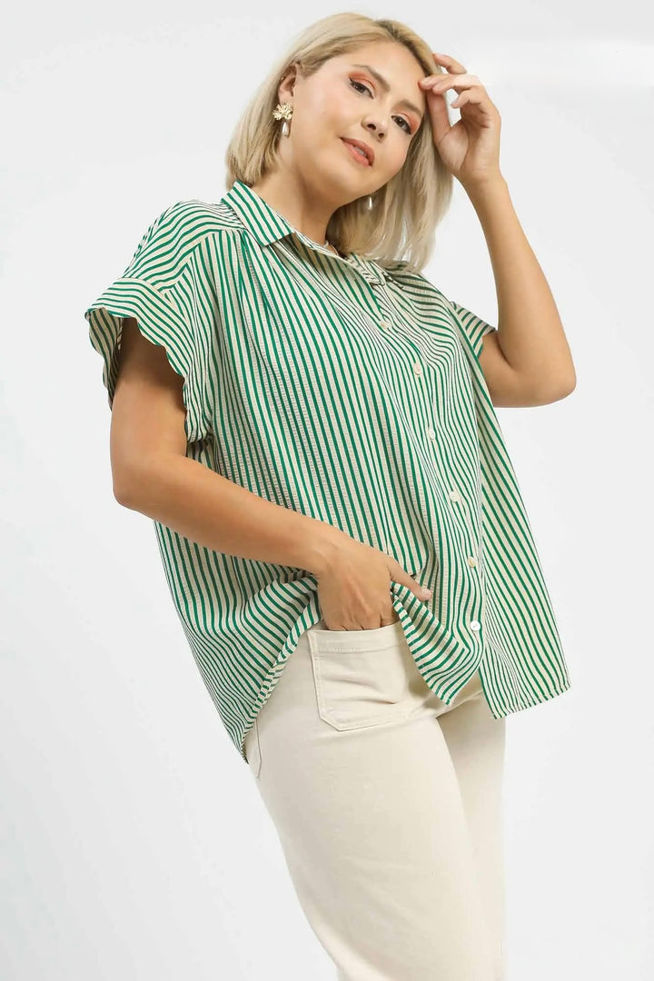Women's Umgee green and beige striped button down top in plus size showing scalloped sleeve.