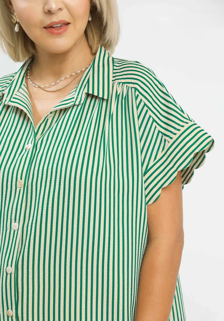 Women's Umgee green and beige striped button down top with scalloped sleeves in plus size showing textured fabric.