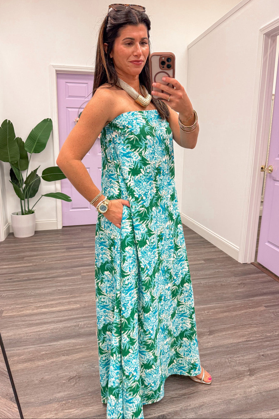 green and blue large floral print strapless midi dress with side pockets