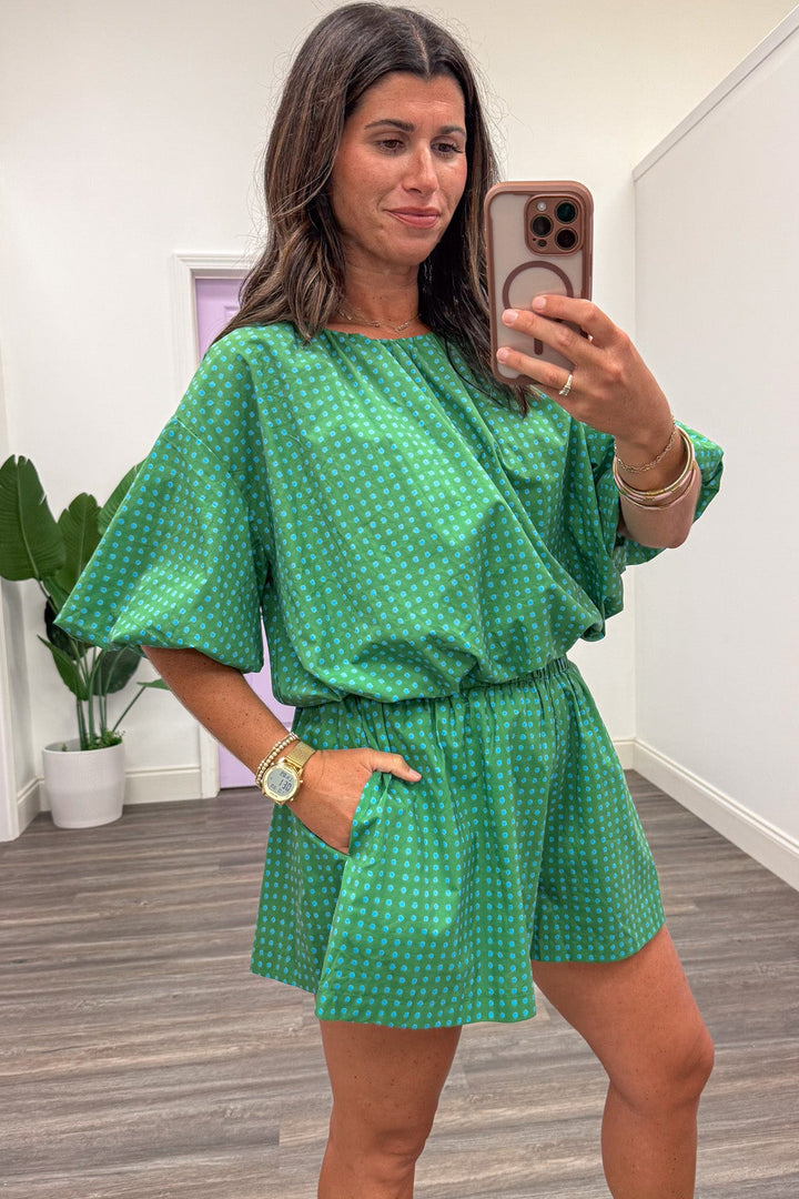 green with small blue polka dot print bubble hem semi-cropped top with drop shoulder short puff sleeves