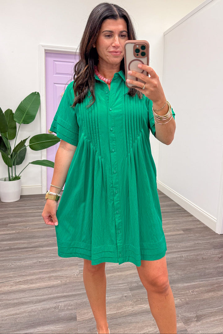 solid green button down short sleeve pintuck details flowy short dress
