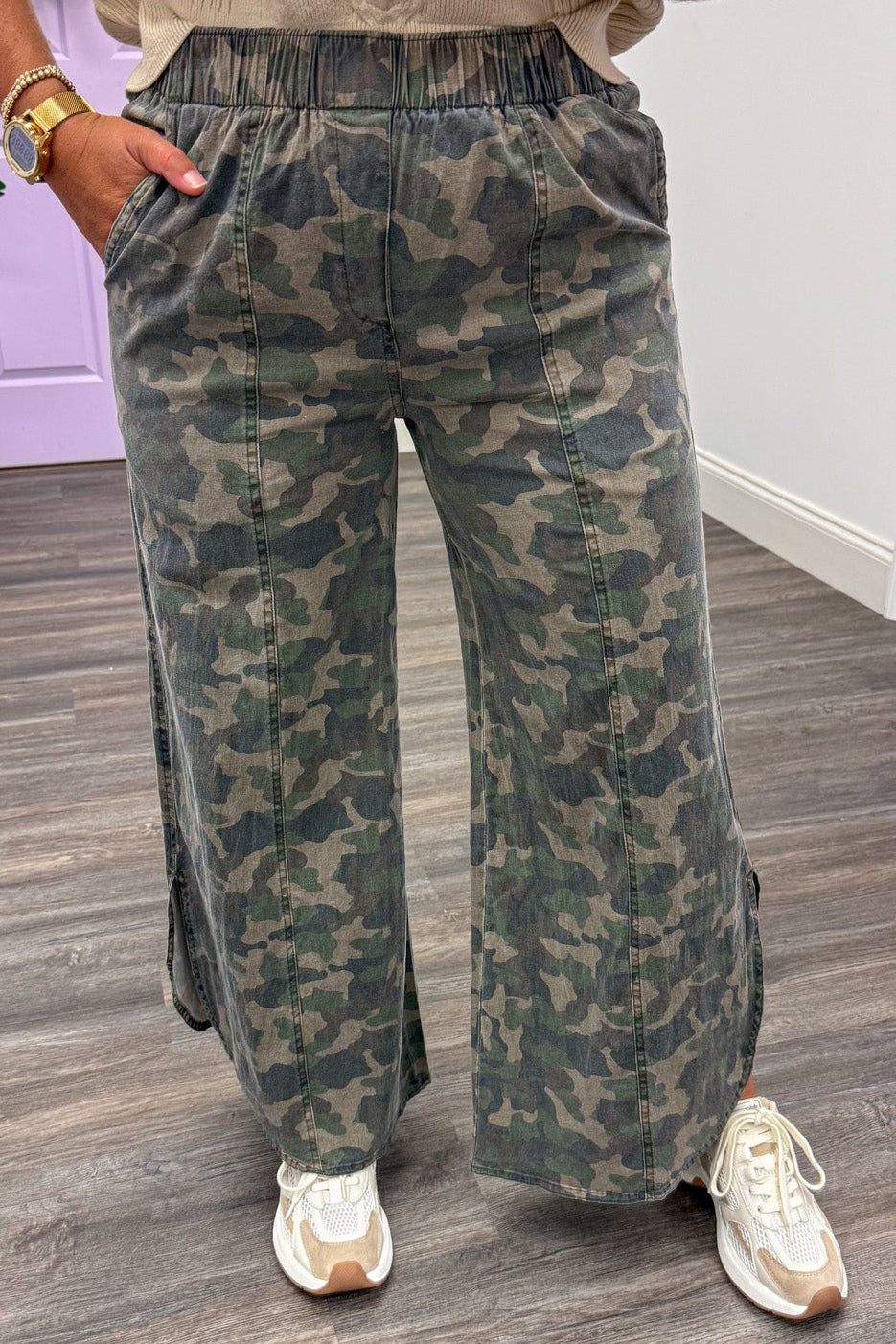 washed twill denim green camouflage wide leg tulip hem pants with front pockets