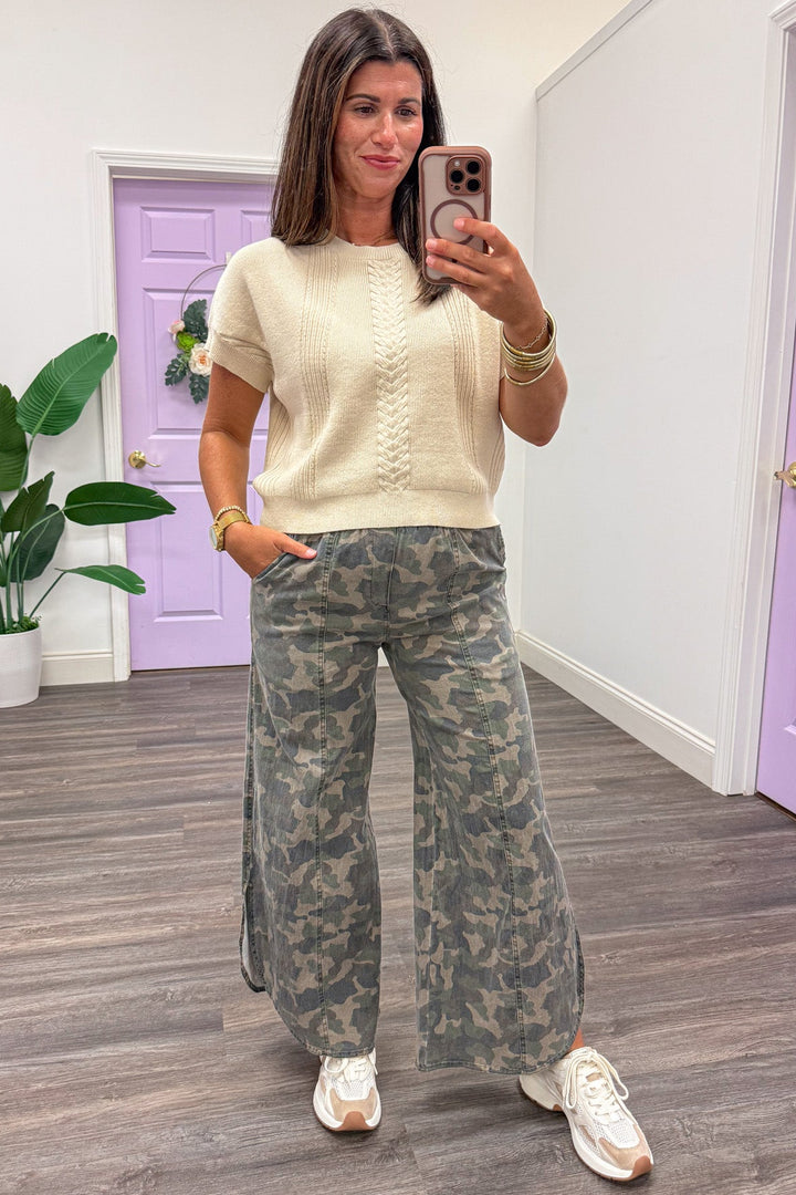 washed twill denim green camouflage wide leg tulip hem pants