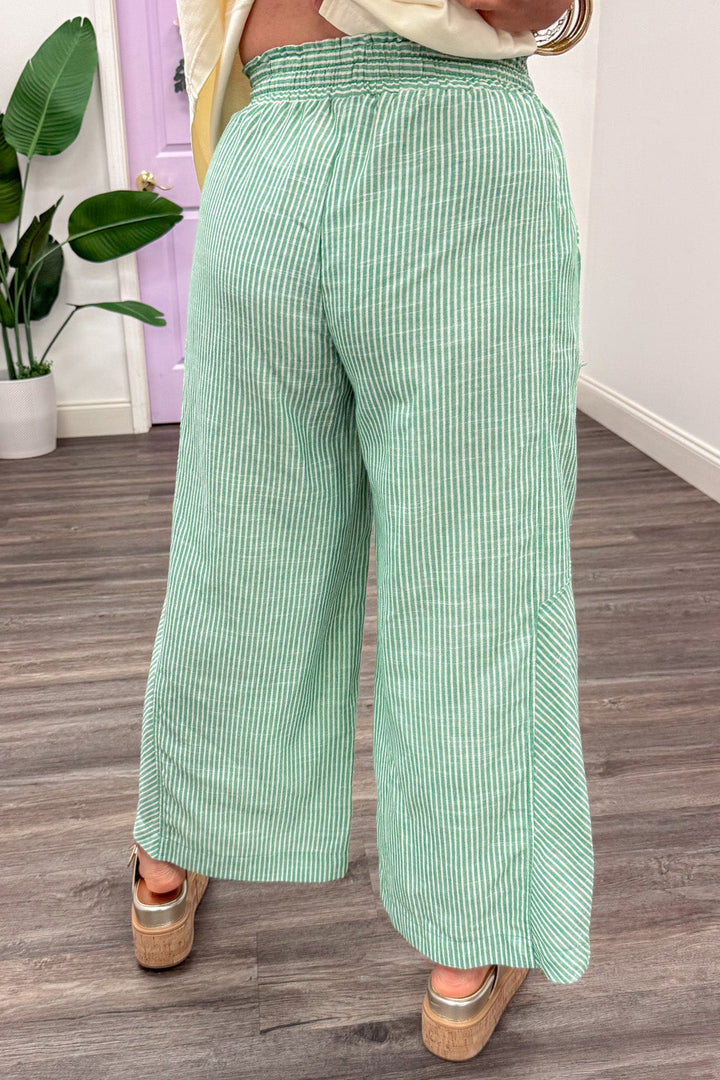 green and cream striped raw seam detail wide leg cropped linen pants