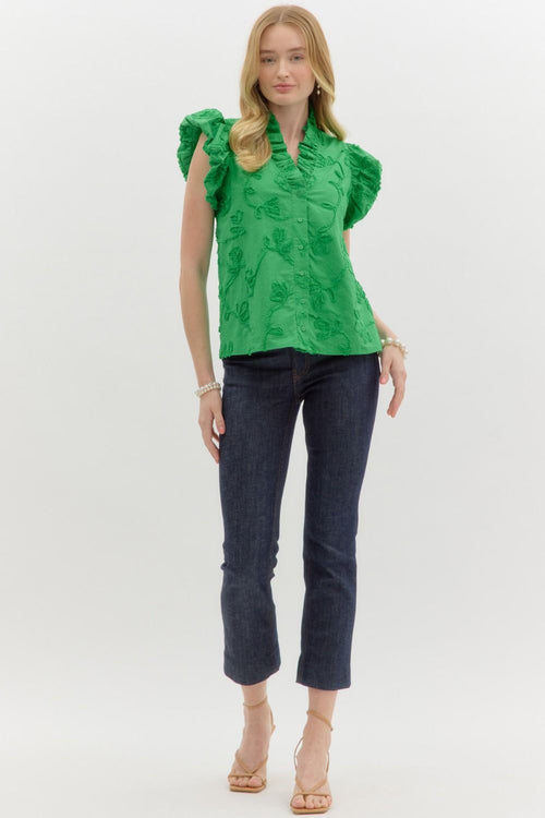 Entro Green button front top with green floral appliques throughout