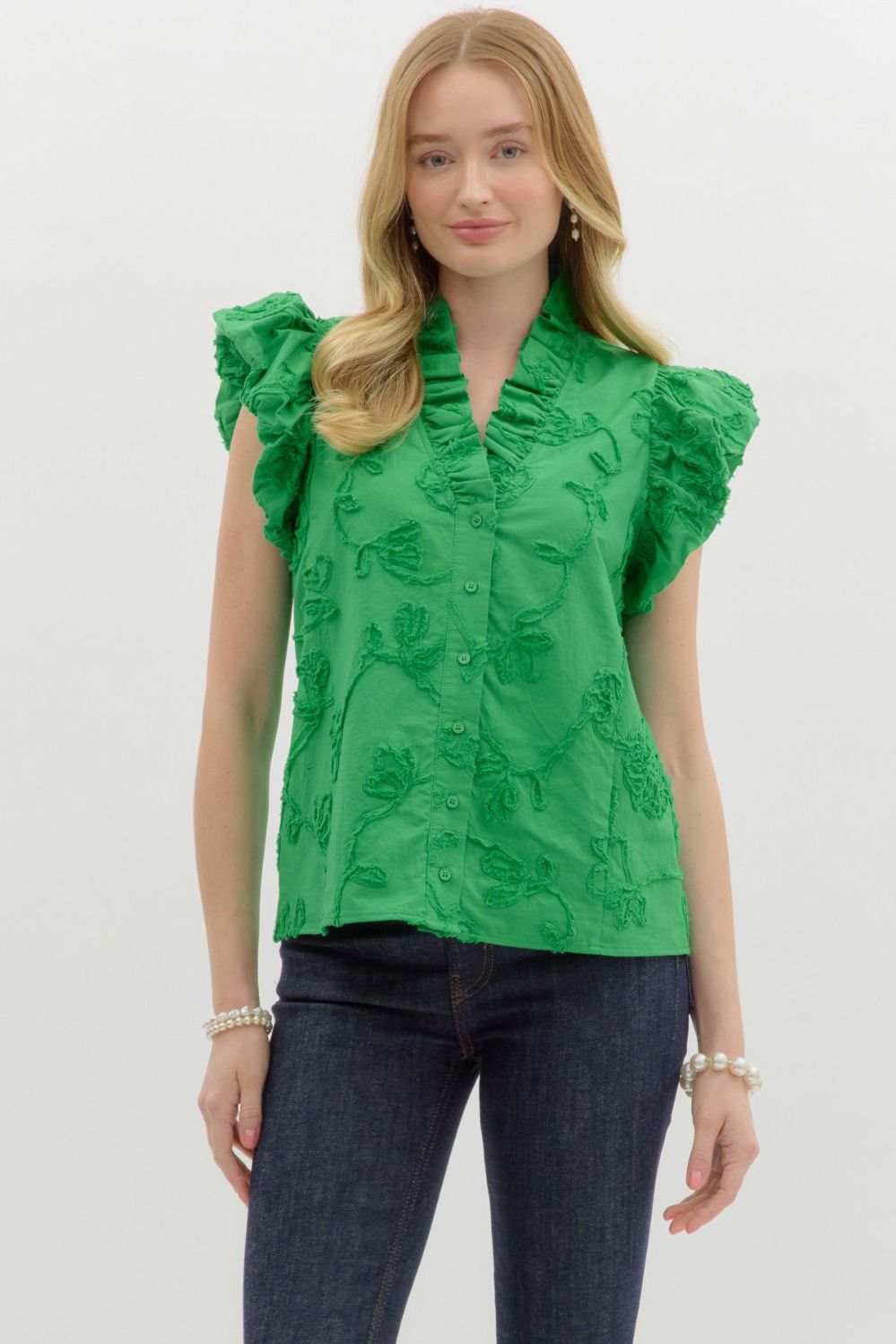 Entro Green button front top with green floral appliques throughout