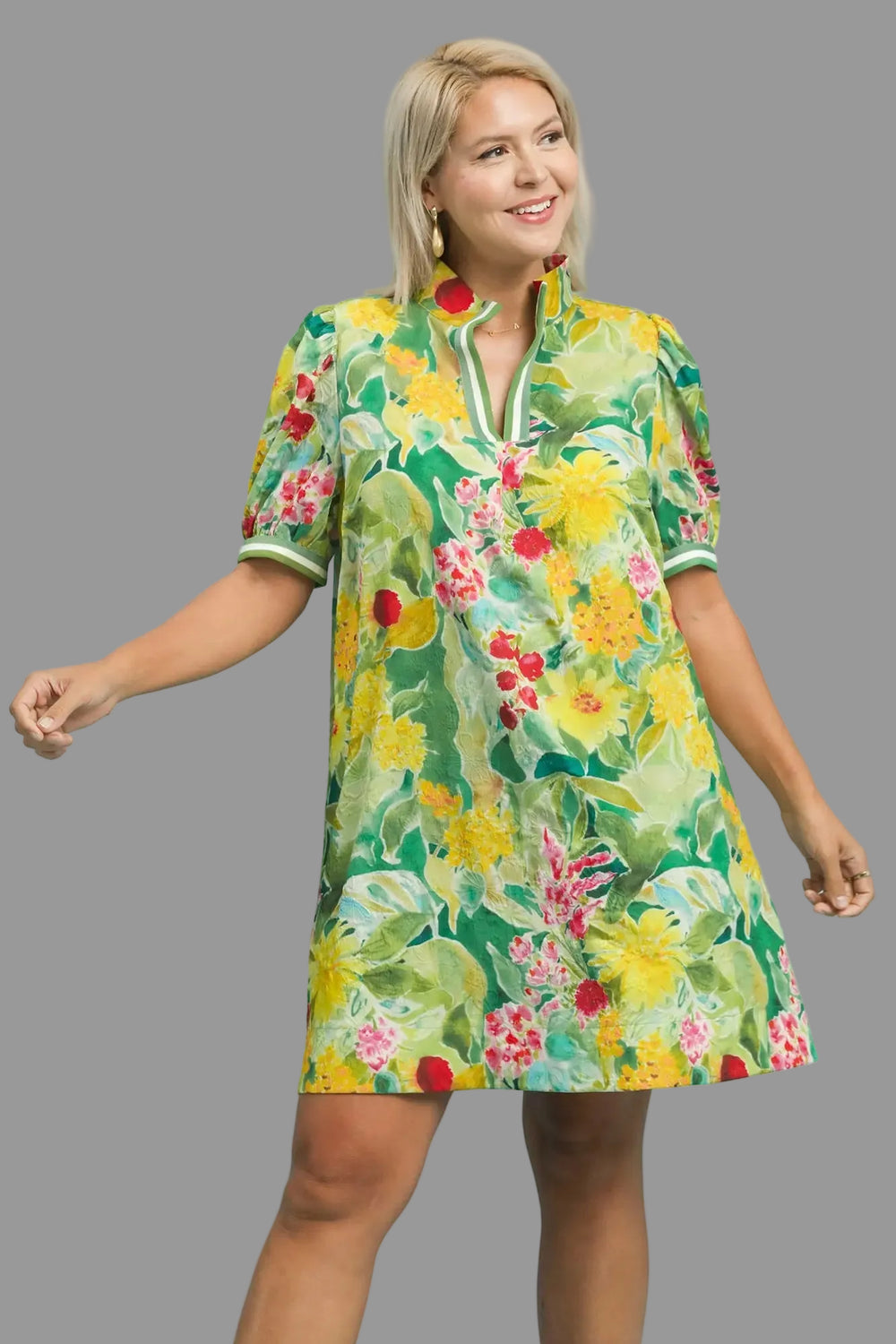 Umgee green dress with multicolor floral print in plus size featuring a flowy fit