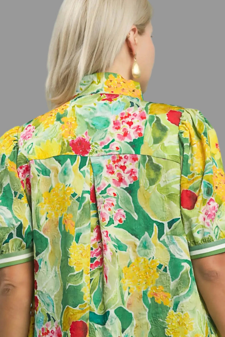 Umgee green dress with multicolor floral print in plus size with tiered detail in back at shoulders