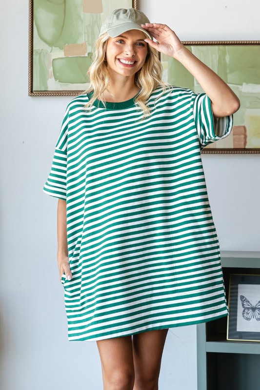 Close up front view Veveret Women's green and ivory striped french terry knit summer t shirt dress.