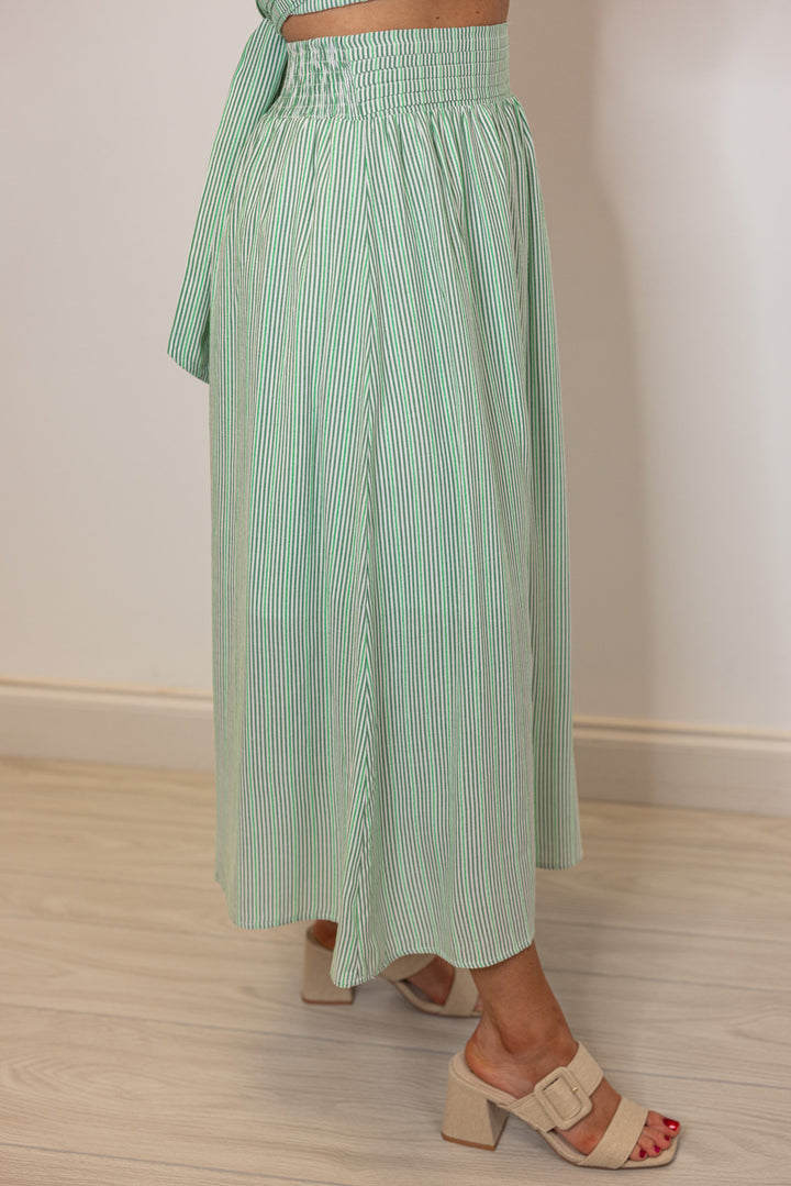 green stripe linen midi skirt top set