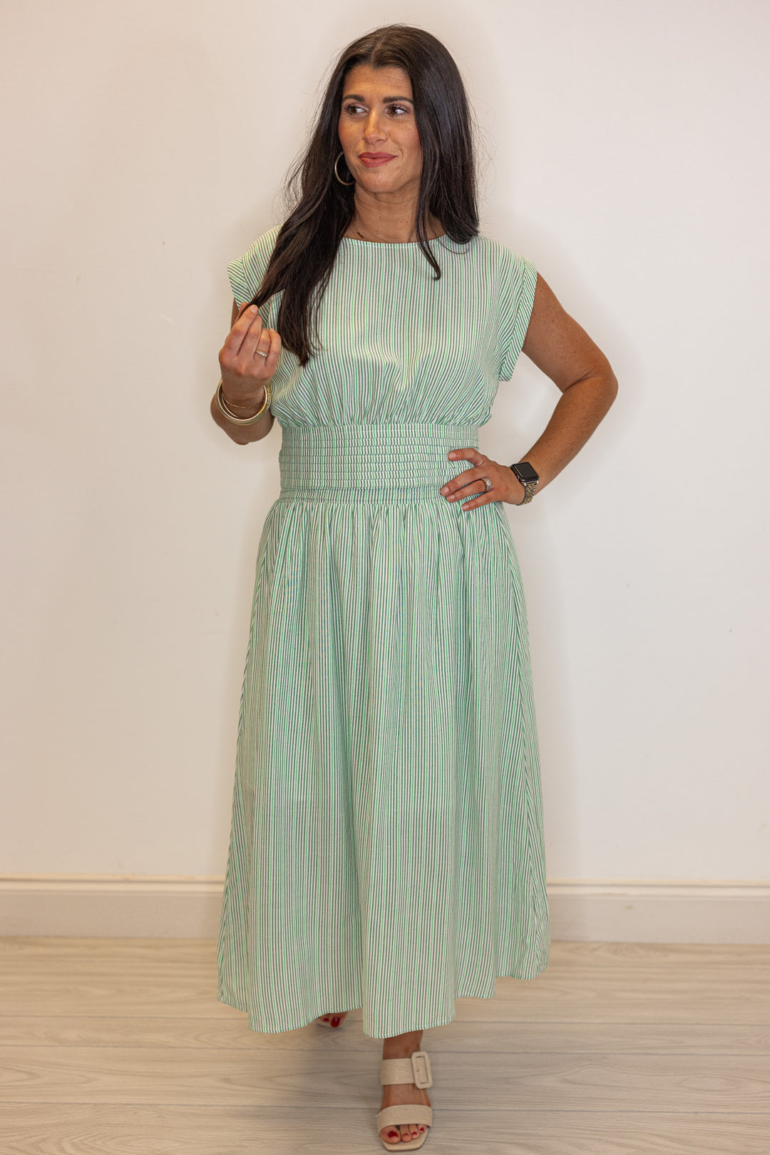 green stripe linen midi skirt top set