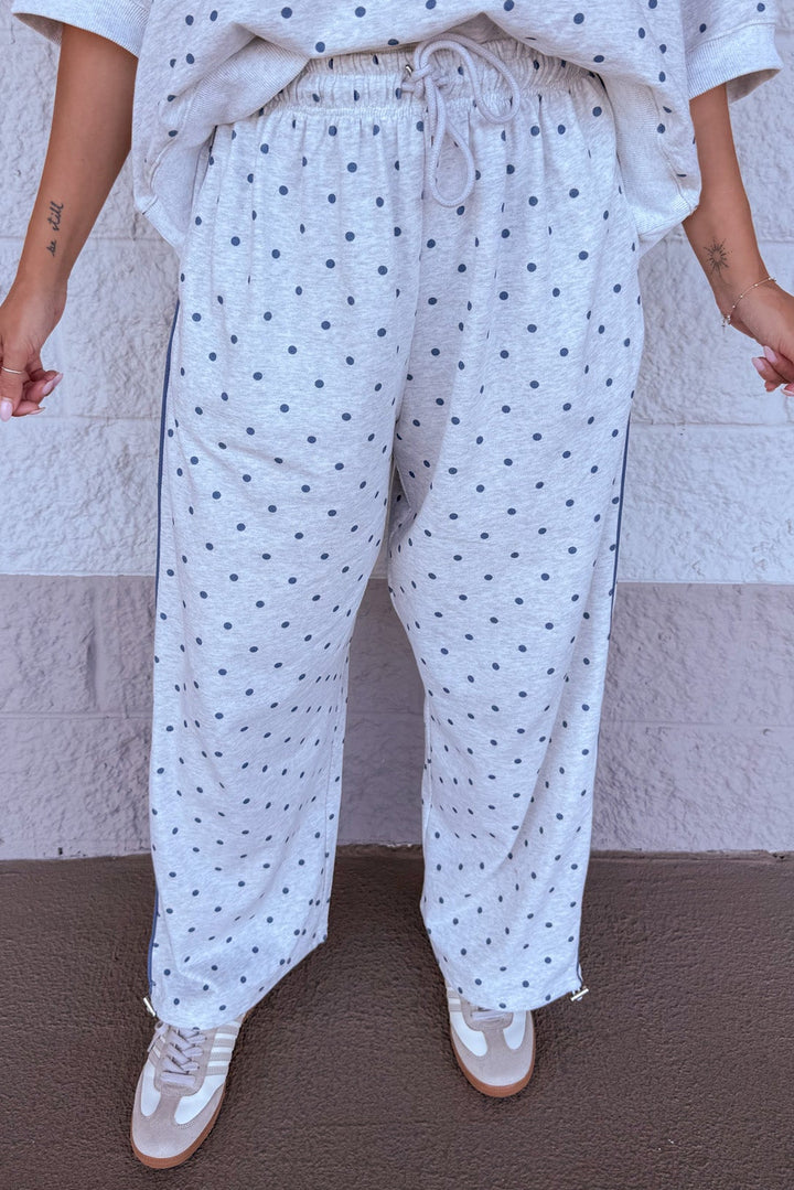 washed heather grey with navy polka dot print drawstring waist wide leg knit jogger pants