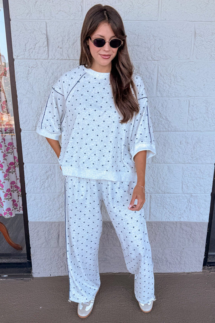washed heather grey with navy polka dot print wide leg knit jogger pants