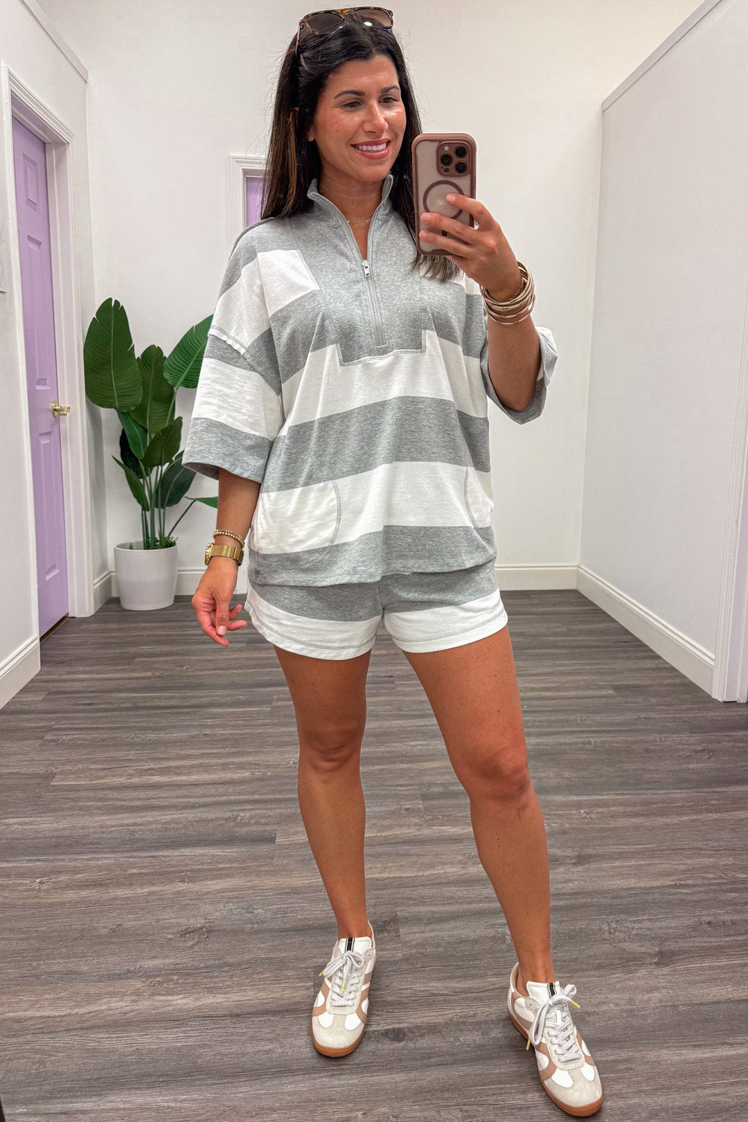 heather grey and white horizontal striped wide leg knit shorts