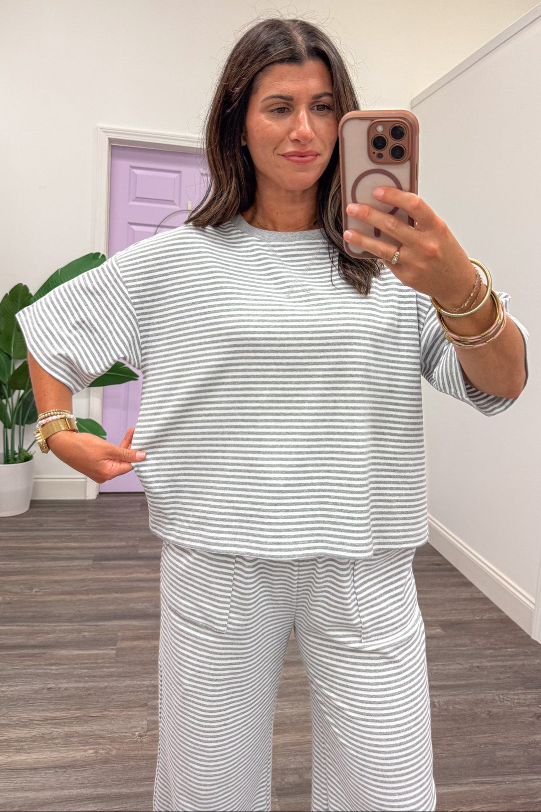 heather grey and white striped relaxed silhouette top and pants matching knit loungewear set