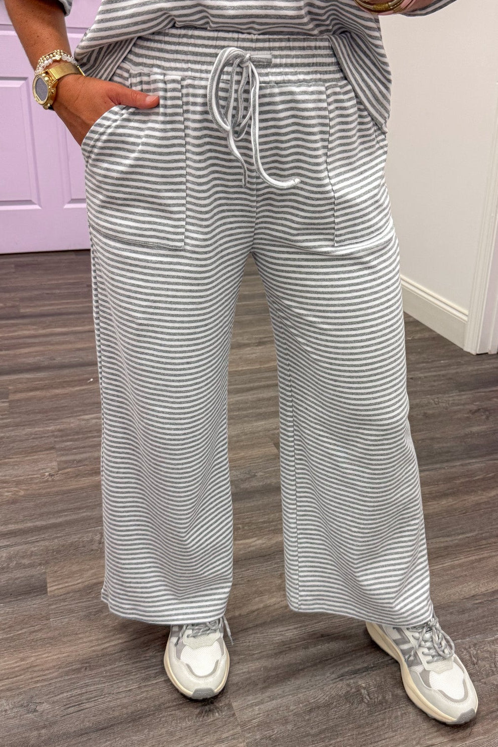 heather grey and white striped top and front patch pocket pants matching knit loungewear set