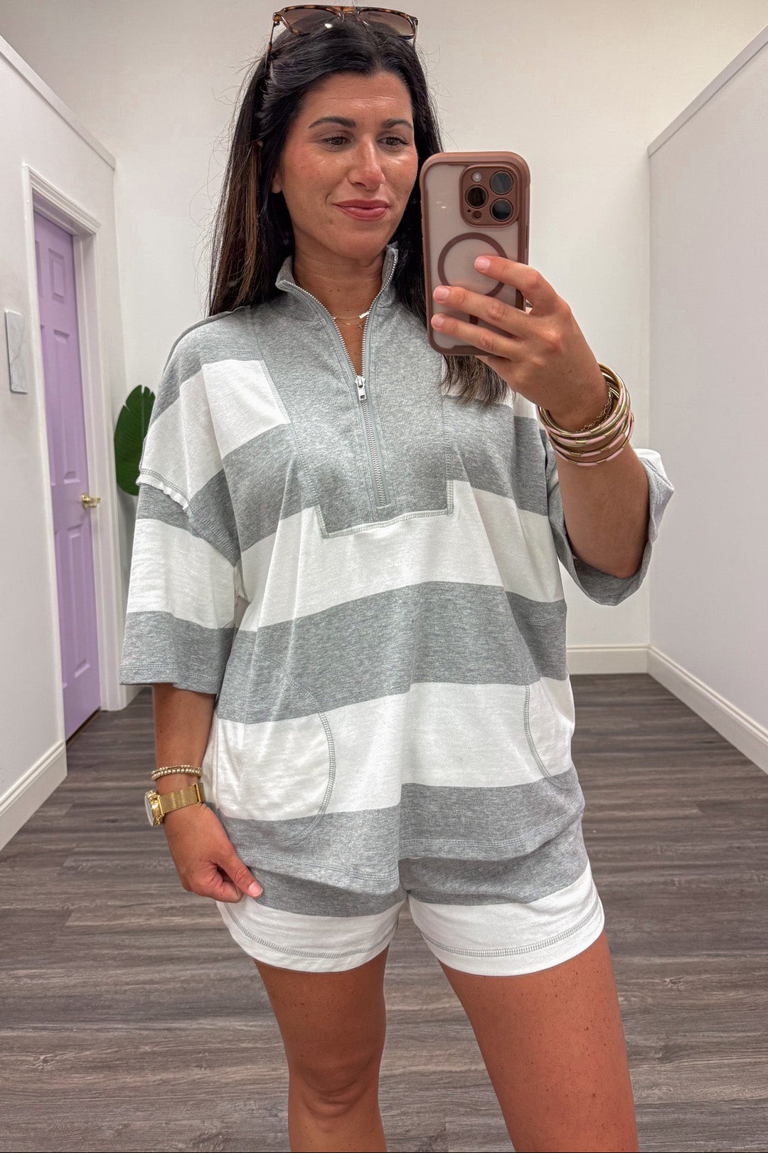 heather grey and white striped quarter zip mock neck short sleeve knit top