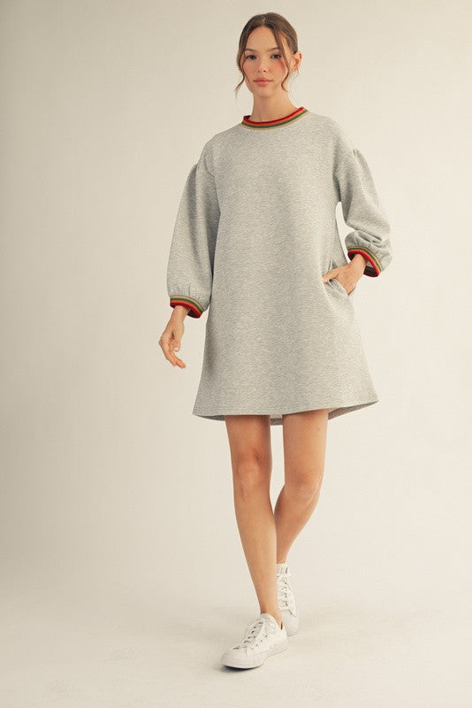 Women's heather grey scuba knit sweatshirt dress with multicolor striped trim by Jodifl