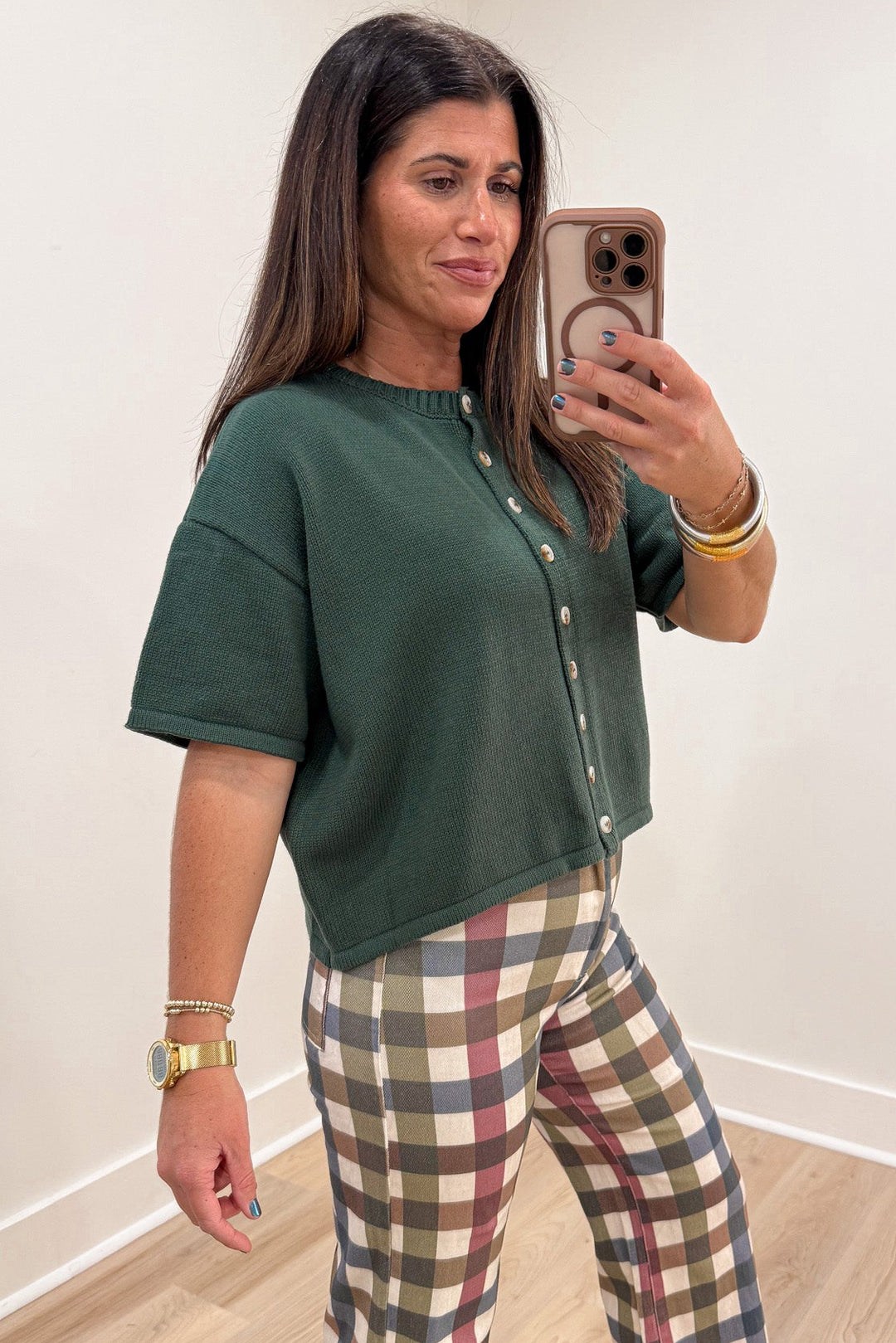 solid hunter green crew neckline button front drop shoulder short sleeve knit cardigan top