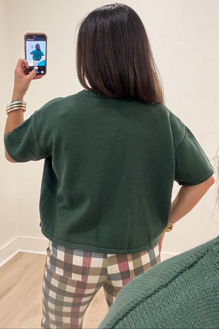 solid hunter green crew neckline button front short sleeve lightweight knit cardigan top