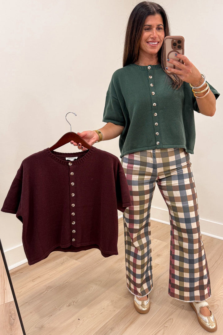 solid hunter green ribbed crew neckline button front short sleeve knit cardigan top