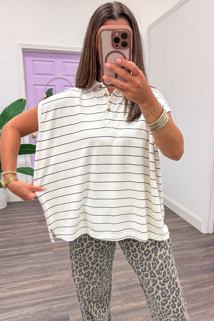 mineral washed ivory and black striped cap sleeve relaxed silhouette polo style top