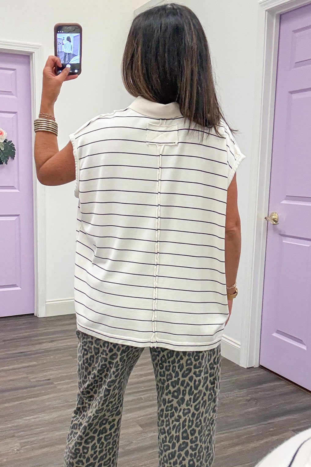 mineral washed ivory and black striped cap sleeve boxy fit polo style top