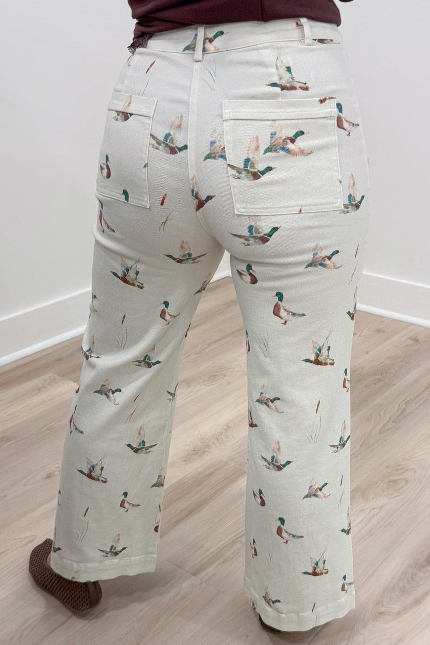 washed ivory with printed mallard ducks twill denim wide leg pants with back pockets