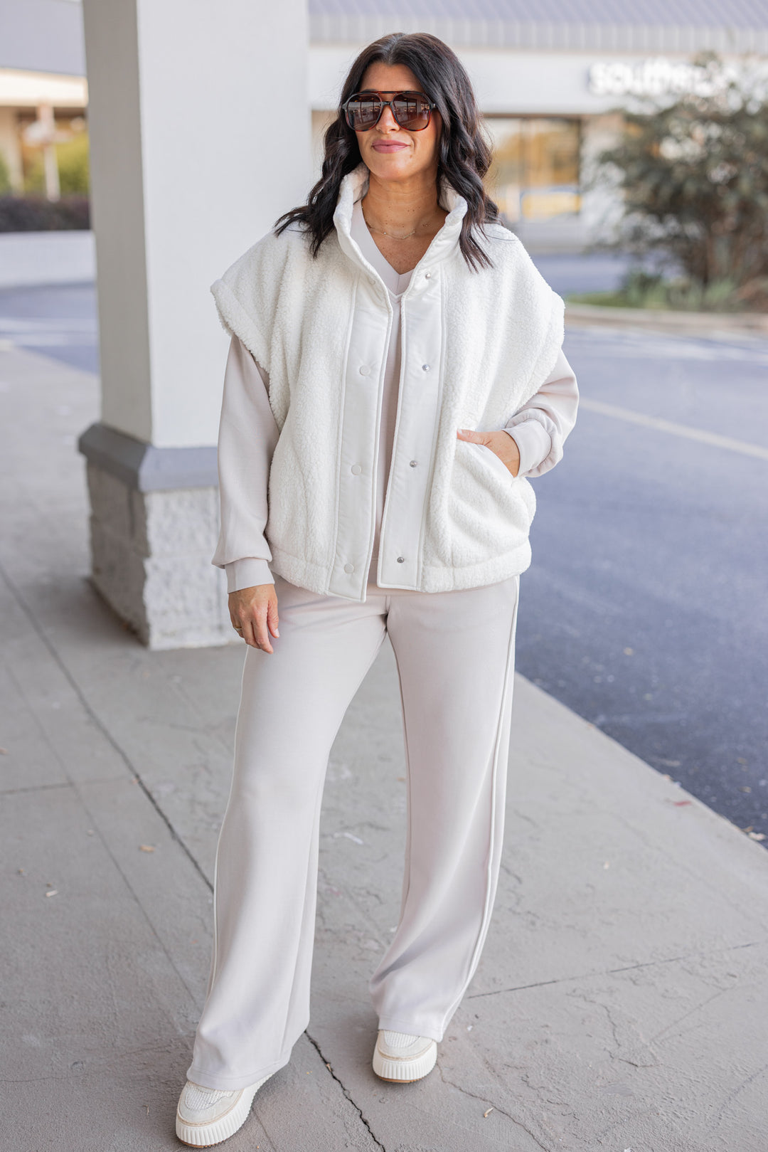 Women's trendy mocha cream scuba knit straight leg pants by Rae Mode