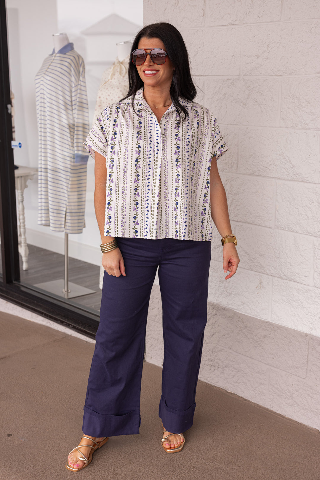 navy cotton twill denim wide leg cuff pants