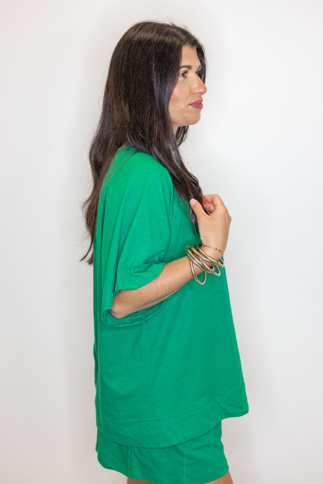 green cotton slub knit shorts shirt set