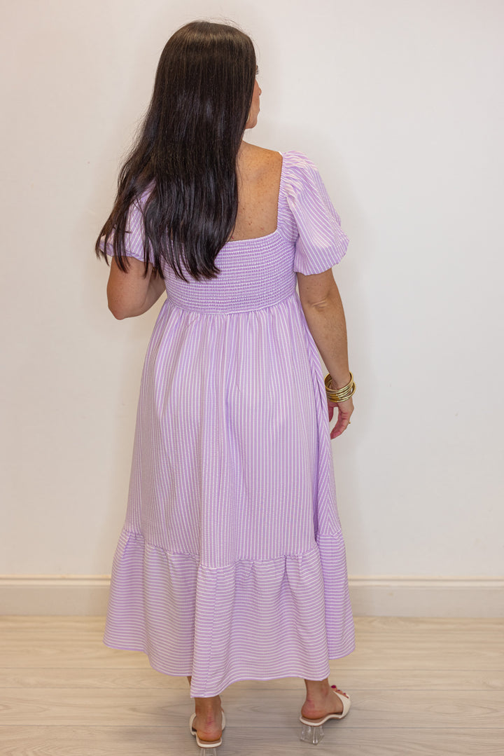 lavender stripe sweetheart neckline midi dress