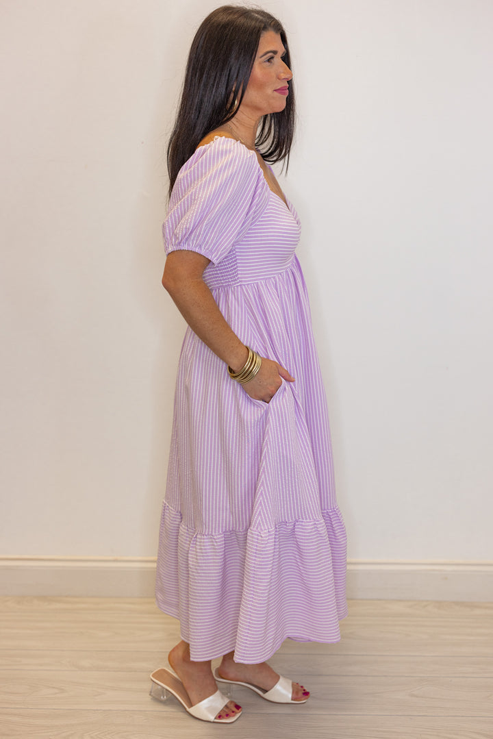 lavender stripe sweetheart neckline midi dress