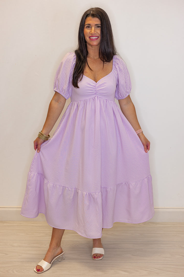 lavender stripe sweetheart neckline midi dress