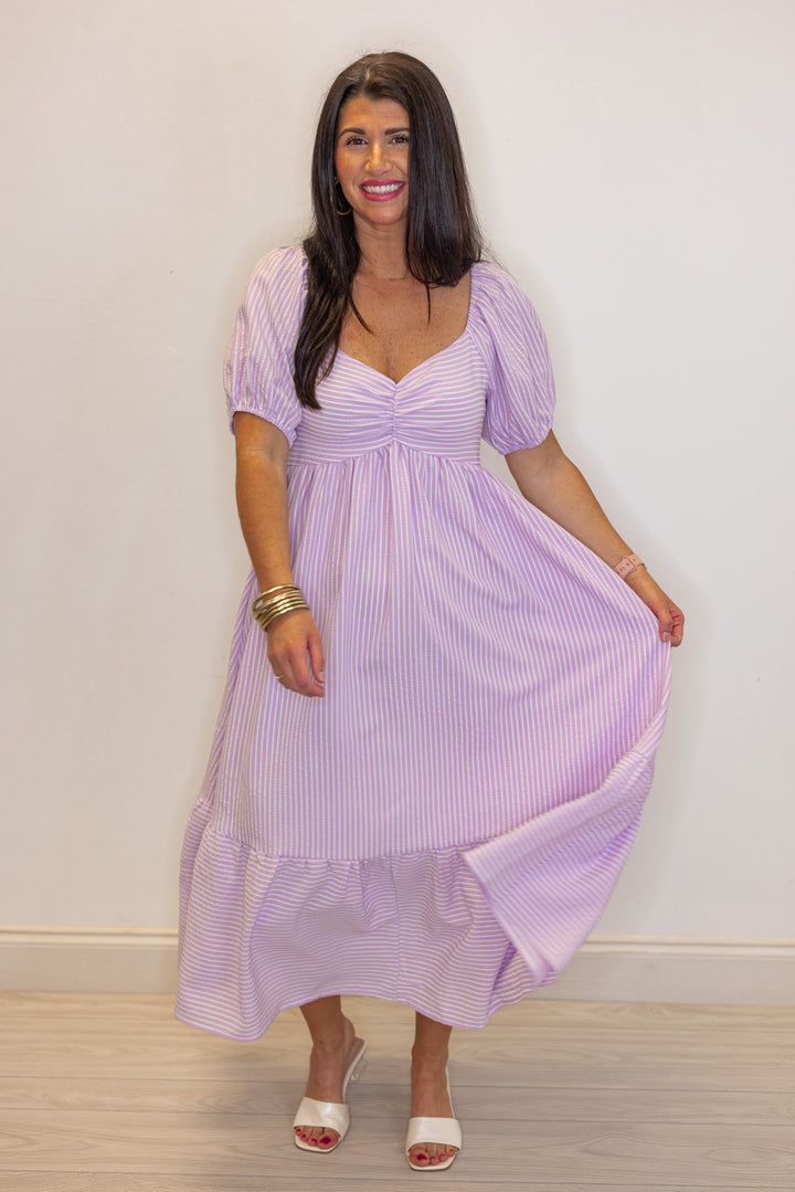 lavender stripe sweetheart neckline midi dress
