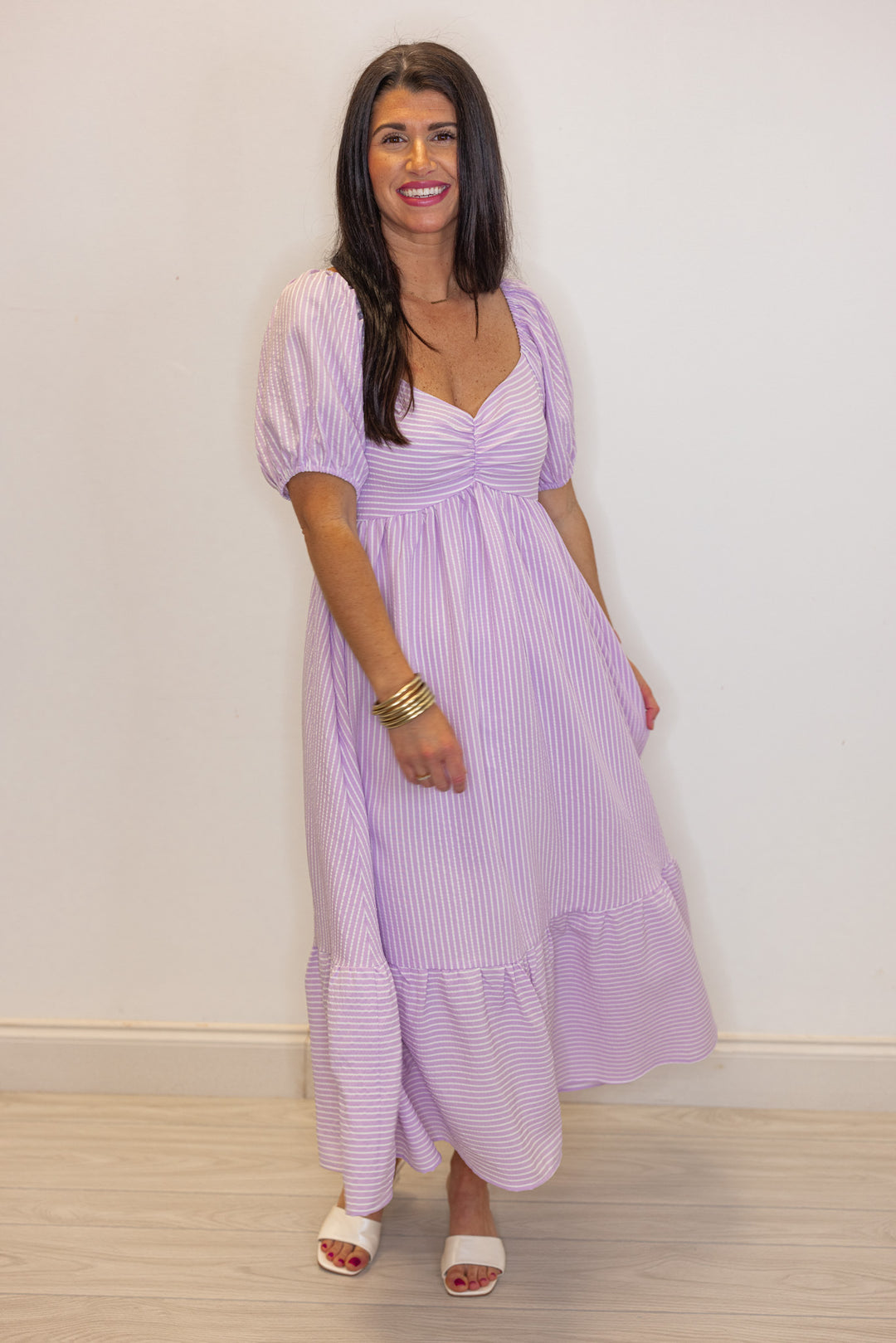 lavender stripe sweetheart neckline midi dress